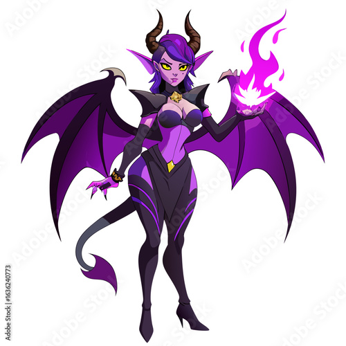 Female demon sorceress with purple wings and fire magic