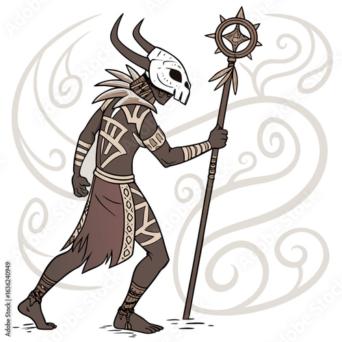 Tribal shaman with animal skull mask and ornate staff