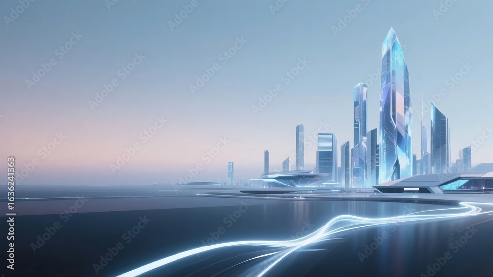 Fototapeta premium Futuristic Coastal Cityscape with Glass Skyscrapers and Glowing Water Trails, Pastel Sky Gradient Panorama