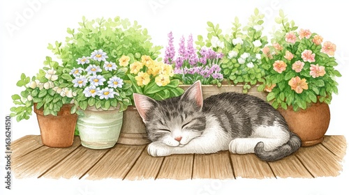 Grey Kitten Sleeping Amongst Blooming Flowers on Wooden Deck