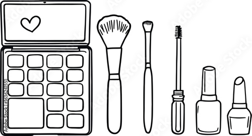 Makeup essentials illustration featuring palette with heart, brushes, mascara, nail polish, and lipstick in stylish layout