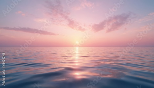Serene view of water ripples with pastel gradient sky. Pink, blue hues in sunset, promotes wellness, eco, beauty concepts. Calm sea horizon reflecting sunlight. Peaceful nature scene for various eco