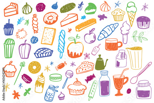 Colorful hand-drawn doodles of various desserts and beverages. Includes cakes, ice cream, fruits, and drinks in vibrant colors.