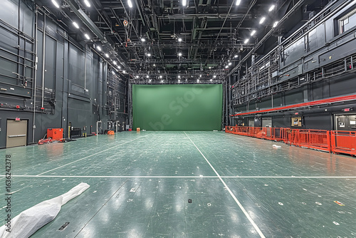Empty soundstage with green screen and polished floor.