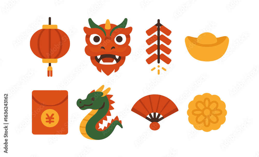 Fototapeta premium 2026 chinese new year symbols: lantern, dragon, gold ingot, and more in flat design