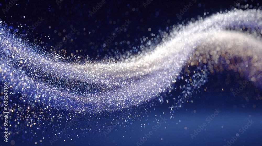 Fototapeta premium Flowing Stream of Glittering Particles on Deep Blue Background – Abstract Wave of Sparkling Energy and Motion