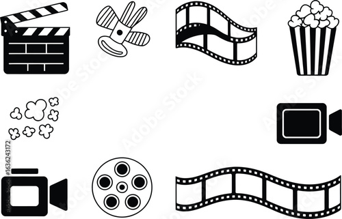 Collection of black and white movie related icons on a white background
