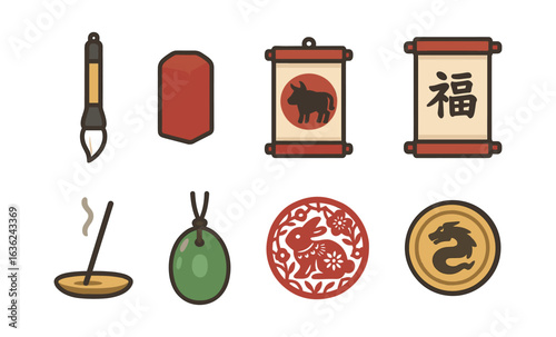 Traditional asian icons: art tools, zodiac symbols, and cultural elements in sticker style