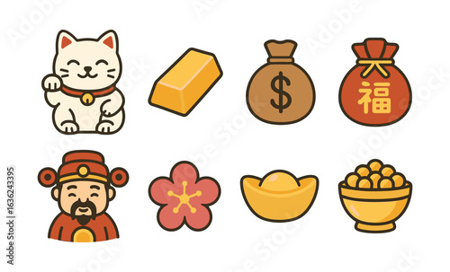 Cute traditional symbols of prosperity and luck in flat design