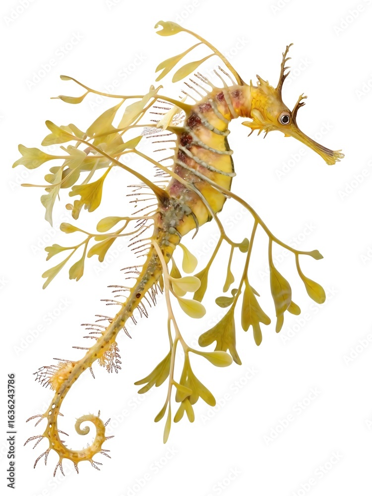 Obraz premium Macro image of a leafy sea dragon in floating pose, intricate appendages lit delicately, perfectly isolated on pure white — master of disguise among seaweed. 