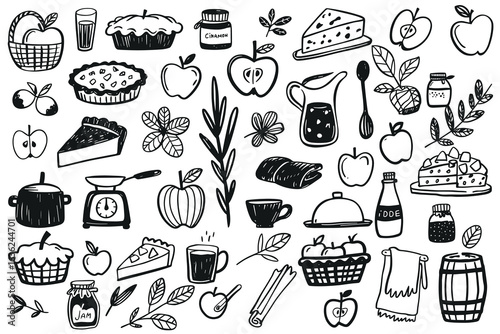 Hand drawn doodle collection of various food items including fruits, pies, jars, and kitchen utensils. Features apples, pumpkins, and herbs.