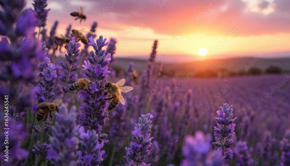 Fototapeta premium Vibrant sunset over a field of purple lavender flowers. Warm orange and yellow hues in the sky. Lavender flowers in full bloom with purple petals contrasting with golden glow of setting sun.