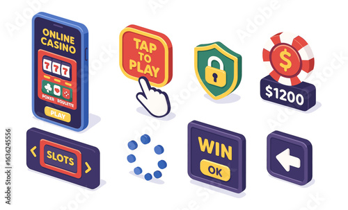 Colorful isometric online casino icons with play, security, and slot symbols