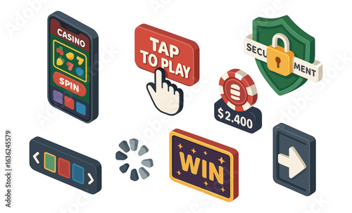 Isometric casino game icons with tap to play and win elements
