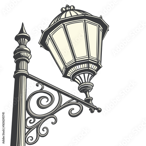 Artistic illustration of a vintage street lamp with decorative metalwork arm