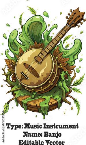 Brown banjo with green swirling liquid and leaves musical instrument string instrument