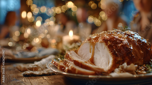 A cinematic 3D rendering shows a close-up of a beautifully carved roasted turkey on a festive holiday table