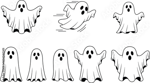 Set of eight cartoon ghost illustrations in playful poses — perfect for Halloween design, spooky decor, party graphics, and seasonal branding