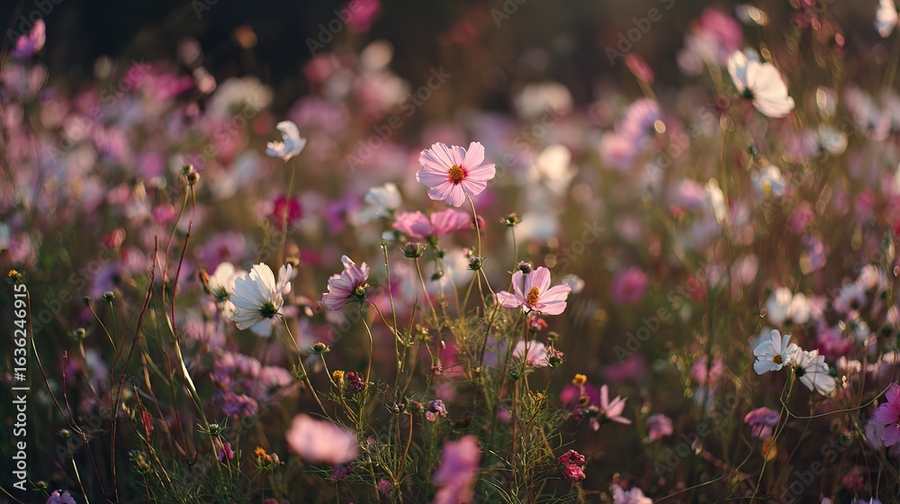 Fototapeta premium A field of wildflowers, with pink and white cosmos petals swaying gently in golden hour's warm glow, bathed in soft sunlight, sun casting long shadows over the meadow, tranquil yet vibrant.