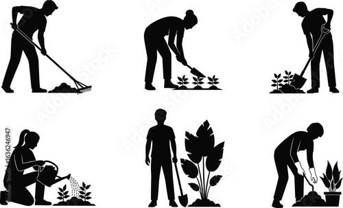 Set of six gardening silhouettes — people using rake, shovel, trowel, and watering can for farming, horticulture, and outdoor lifestyle themes