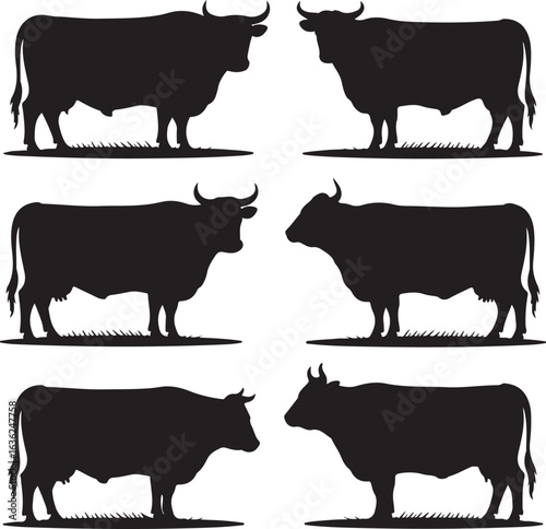 Six Black Silhouettes of Cows with Grass on White Background Keywords: cow, cattle, bull, livestock