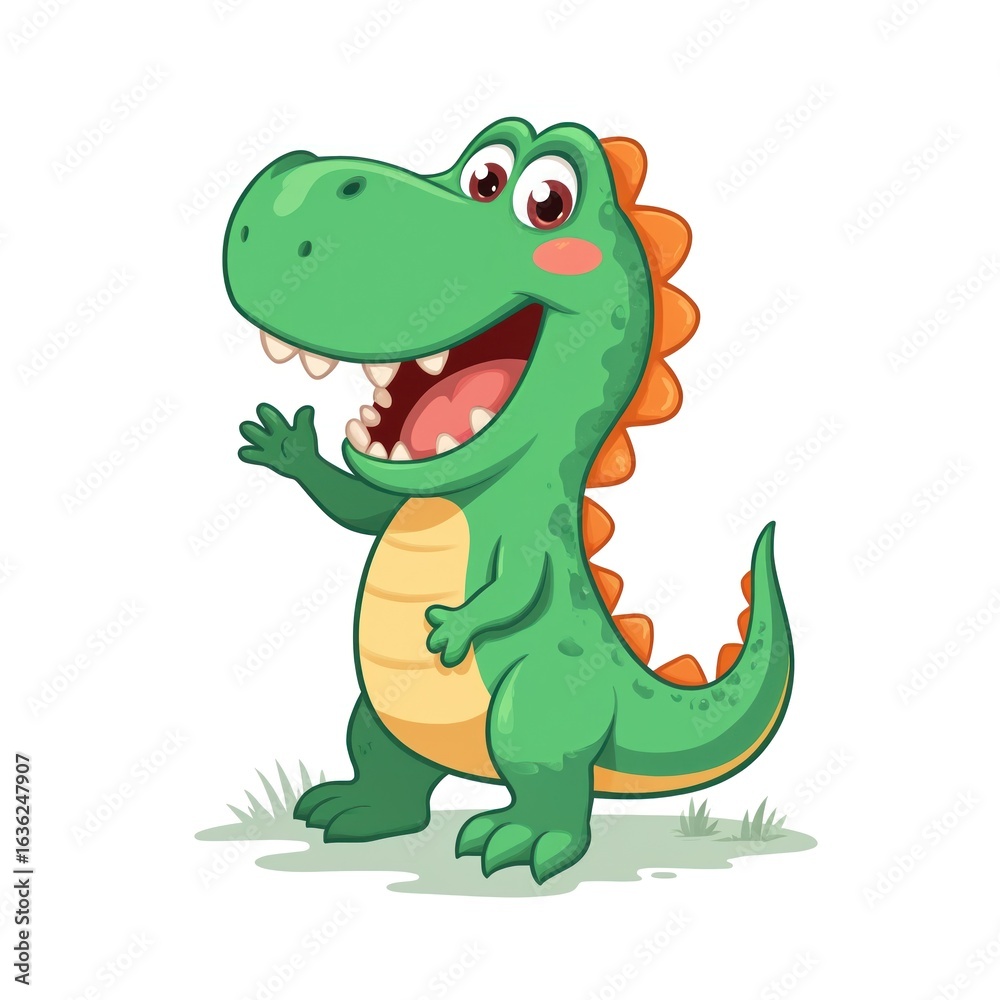 Naklejka premium Happy cartoon dinosaur waving hello, illustration for kids. Friendly green dino character with orange spikes, smiling widely with open mouth and sharp teeth.