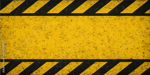 A grungy yellow and black striped warning sign with a danger symbol is shown on a distressed metal wall