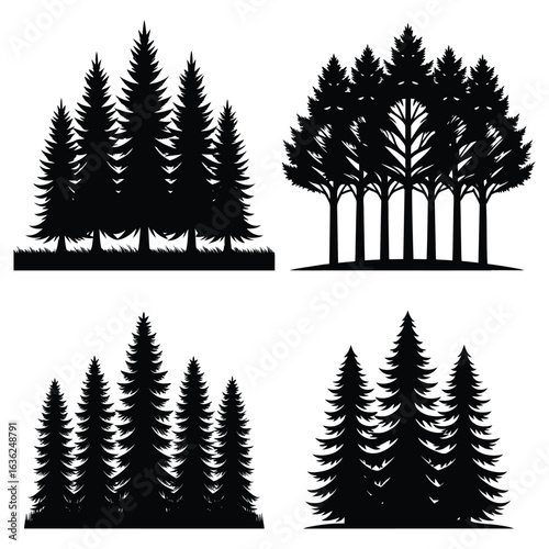 Silhouette Illustrations Diverse Tree Groups, Forest, Nature