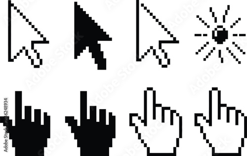 A collection of pixelated computer mouse pointers and hand icons set on white