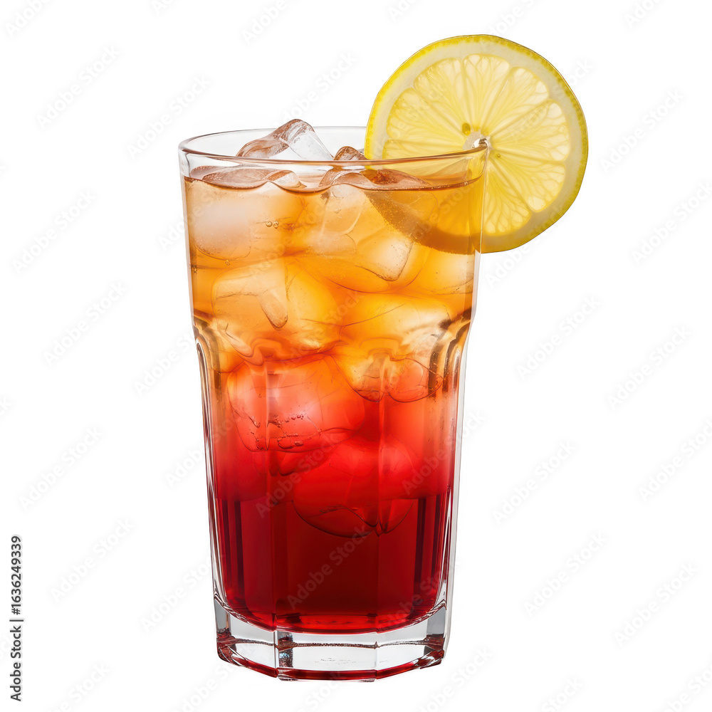 Refreshing iced cocktail with red and orange layers and a lemon slice isolated on transparent background Refreshing iced cocktail with red and orange layers and a lemon slice isolated on transparent background