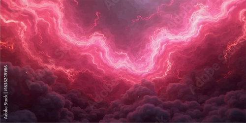 Bright red clouds swirl like smoke in a dark abstract sky, creating a stormy texture