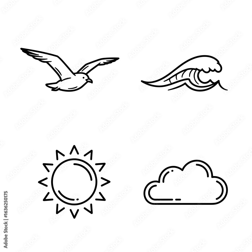 Fototapeta premium Collection of Columbus day-themed icons, including Seagull, wave, sun, cloud