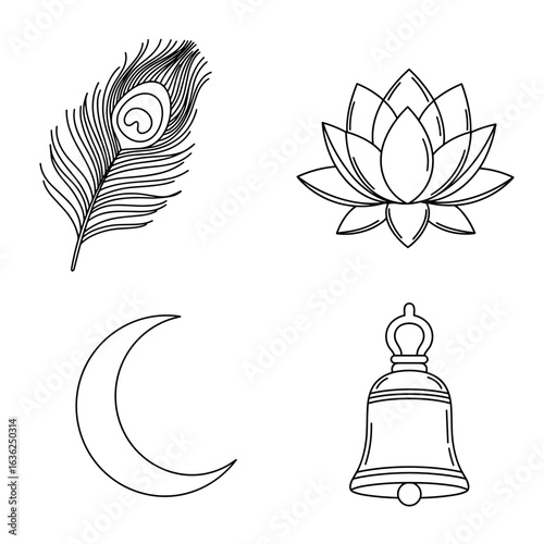 Collection of Navaratri-themed icons, including Peacock feather, lotus flower, moon, temple bell