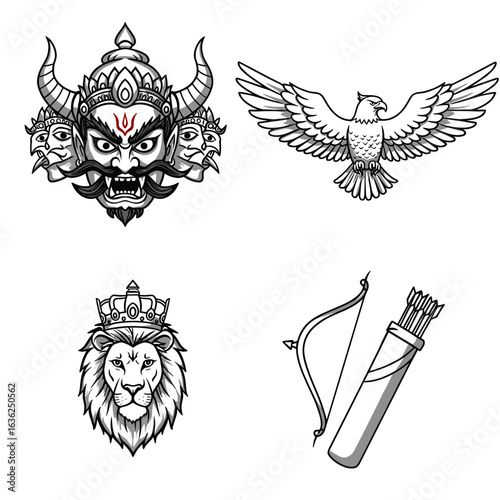 Collection of Dussehra-themed icons, including Demon head (symbolizing Ravana), Divine eagle (Jatayu), Crowned lion, Archer's quiver