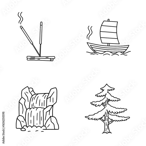 Collection of Zhongqiu-themed icons, including Incense stick, boat, waterfall, pine tree