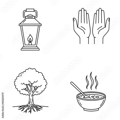 Collection of International Older Persons Day-themed icons, including Lantern (guidance), open hands (helping), tree with deep roots, hot soup bowl