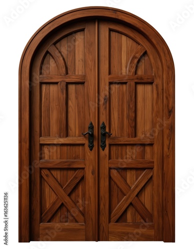 Illustration of rustic arched wooden door with natural grain texture, rich brown tones intricate detailing. Door adds warm inviting touch to space. Architectural design element craftsmanship solid