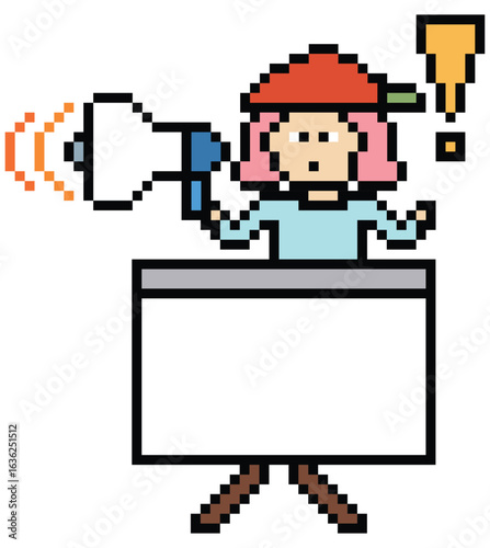 Cute pixel cartoon character woman with megaphone announcement speaker information announce decoration 8 bit female girl lady megaphone cartoon pixel game png vector.