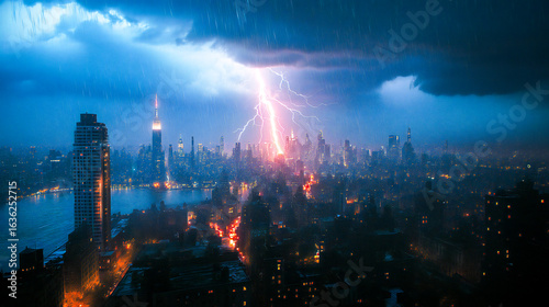City being struck and surrounded by lightning during large thunderstorm in storm season, neighbourhood area