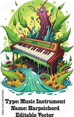 Whimsical keyboard instrument with organic elements and flowing water music nature
