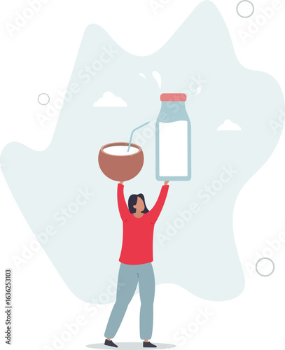 Woman with coconut milk. Delicious and healthy food, taking care of your health.human life.
