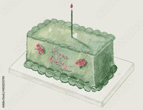 Hand-painted watercolor illustration of a green glaze square cake decorated with a candle and delicate pink floral accents. Great for birthday invitations, party graphics, and sweet-themed