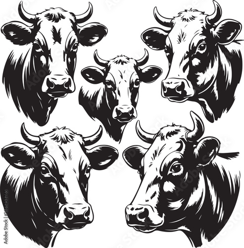 Five Detailed Black And White Cow Heads In Various Poses And Angles cattle bovine