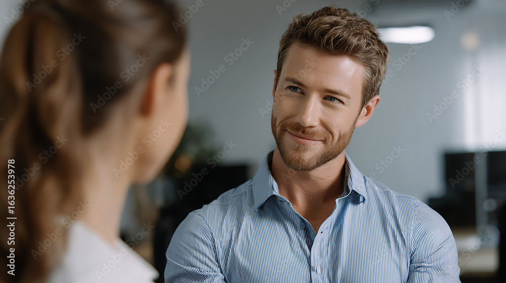 Smiling Man and Woman in Business Meeting Smiling Man and Woman in Business Meeting