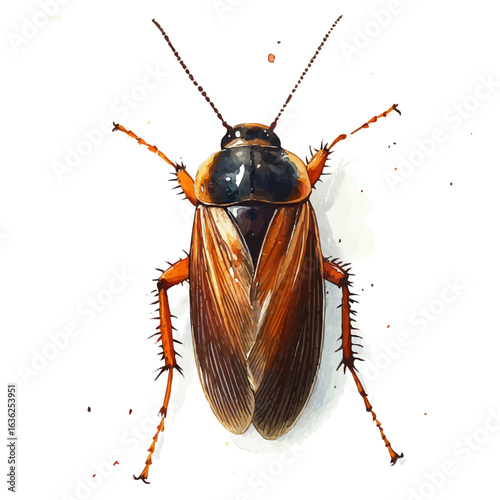 Cockroach, watercolor drawing vector, isolated on a white background.