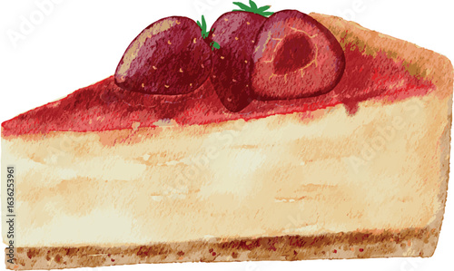 Realistic watercolor depiction of a strawberry cheesecake slice topped with fresh berries. Ideal for menus, dessert blogs, recipe books, and food packaging designs