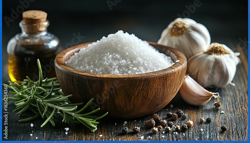 Wooden bowl of sea salt with garlic rosemary and peppercorns