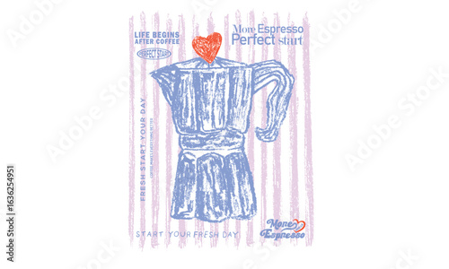 Coffee kettle with heart design. Coffee kettle design design for fashion, top, dress, graphics, slogan tee, posters and others. Coffee love club. More espresso. Oil pastel painting. 