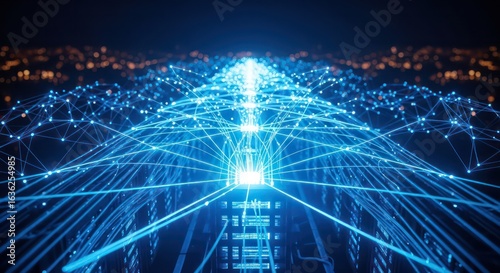 A Luminous Central Processor Radiating Blue Data Streams into a Vast Digital Network.