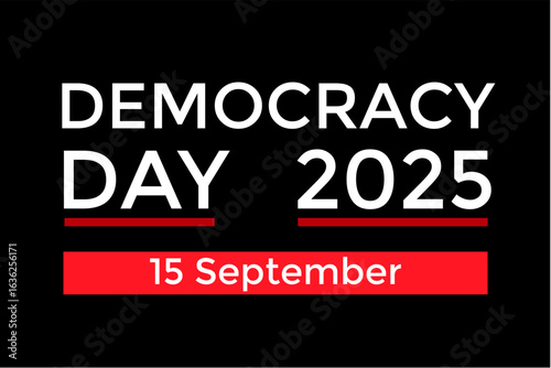 the words "democracy day" on a black background. Democracy Day celebration concept, people raising hands, voting ballot box, and symbols of freedom and equality, representing civic.